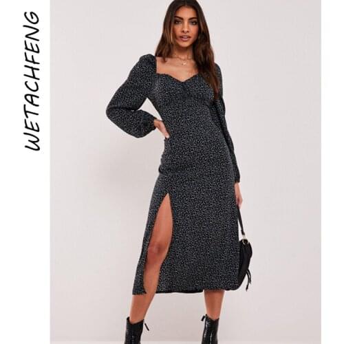 Floral Print Women Dress Sexy Hepburn Square Collar Elegant Split Ladies Bodycon Midi Dresses Spring Long Sleeve Robe Clothes
