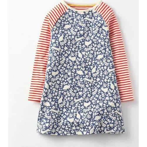 Little Maven Spring Autumn New Full-Sleeved Blue Rabbits Printed Striped Dots O-neck 1-6yrs Knitted Cotton Girls Casual Dresses