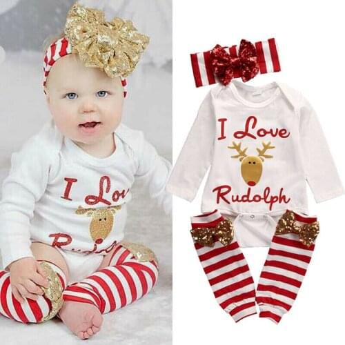 3pcs Set Baby Christmas Full Sleeve Baby Kids Girl Infant Romper Tops+leg Warmers Xmas Outfit Clothes 0-18 Months