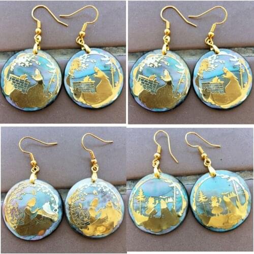 Free Shipping Women Fashion Jewelry Mother of pearl Shell Girl Round Dangle Earrings 1 pair WFH781
