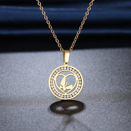 CACANA 316L Stainless Steel Necklace NEW Crystal Rhinestone Love Circle Butterfly Necklaces For Women Wedding Valentines Day