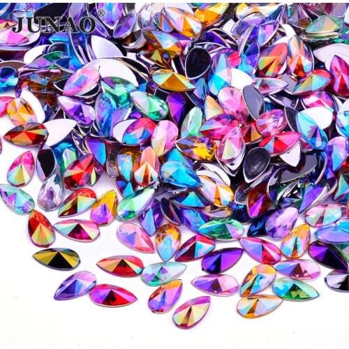 JUNAO 8x13mm 9x18mm Colorful AB Teardrop Rhinestones Flat Back Face Nail Crystal Stickers Acrylic Strass Nail Art Decoration