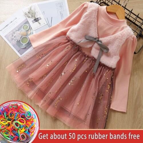 Girl Lace Mesh Sequins Princess Dress with Bow Baby Kids Soft Clothes Children Long Sleeve Party Clothing Gift Dresses For Girls