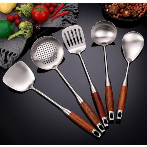 Stainless Steel Stir Fry Utensils Kitchen Wok Spatula Wok Spatula Wood Handle Spoon Set Durable Cooking Utensil