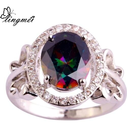 Lingmei Wholesale Noble Rainbow & White CZ Fashion JewelrySilver ColorRing Size 6-9 10 For Unisex Rings Free Shipping