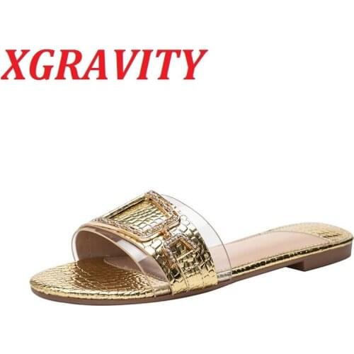 Xgravity Fashion Transparent Stone Grain Ladies Slides Gold Rhinestone Ladies Fashion Flat Shoes Female Slippers For Woman Shoes