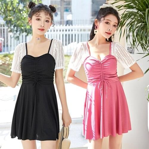 2021 New Korea Style One Piece Swimsuit Women Solid Swimwear Skirt Monokini Push Up Swim Suit Pleated Trikini Bandeau Swimskirt