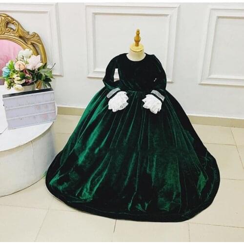 New Green Ball Gown Flower Girl Dress Velvet Clothes Long Sleeves Princess Dress for Big Day Pageant Prom Gown