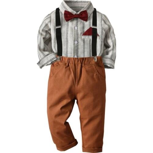 Baby Boys 4pcs Suits for 2-4-6-8 Years Birthday Pure Cotton Children Clothes Kids Turn-over Shirt and Pants Set for School Back