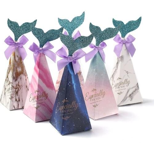 50Pcs Mermaid Gift Box Fishtail Bowknot Paper Packaging Box Jewelry Presents Wrapping Bags Wedding Birthday Party Favor Decor