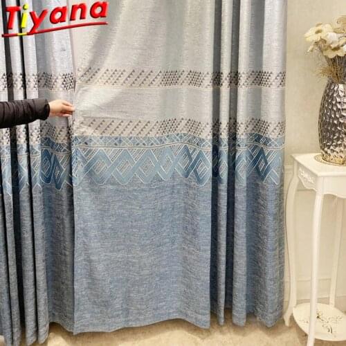 Luxury Colorful Geometry Cubes Embroidered Tulle Curtains Modern Grey/Blue Stitching Blackout Curtains Cloth Bedroom HM662#VT