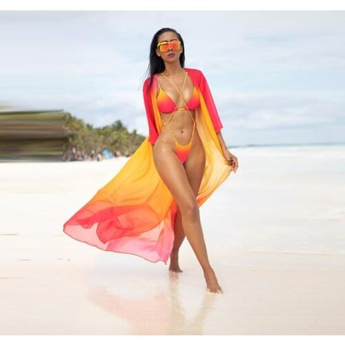 Sexy 3 Pieces Bikini Set Long Sleeve Bikini Cover Up Swimwear Women Swimsuit Skinny Sexy Gradient Color Bathing Suit Beachwear