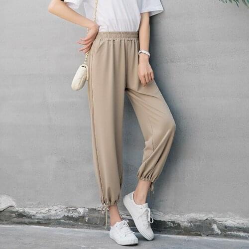 Summer wide-leg pants women lacing autumn elastic waist Ankle-Length pants casual Korean loose harem pants bloomers trousers