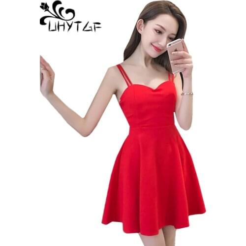 UHYTGF Elegant Girl Summer dresses New Sling Halter Sexy Womens Party Dress Slim off shoulder boho Dress Red Black vestidos 1269