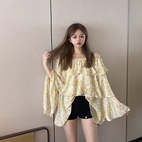 Blouse Women Loose Plus Size Print Spring Autumn Long Sleeve Slash Neck Shirts Ruffles Off Shoulder Long Sleeve Ladies Tops