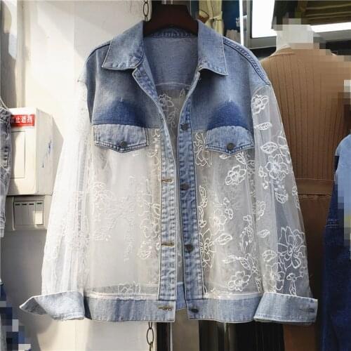 Lace Denim Jacket for Women 2021 Spring and Summer New Beads Embroidered Mesh Patchwork Jea Casual Sun Protection Coat Tops