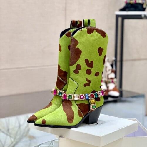 Womens Pointed Toe Real Horse Fur Mid Calf Boots Chunky Heel Shoes Belt Rainbow Diamond Genuine Leather Western Cowboy