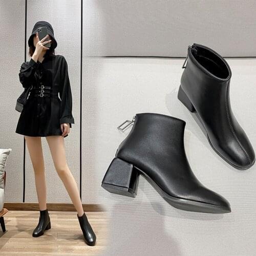 Winter Chunky High Heels Boots Women Square Toe Chelsea Ankle Shoes Back Zip Woman Dress Autumn Boots Solid Leather Booties 2021
