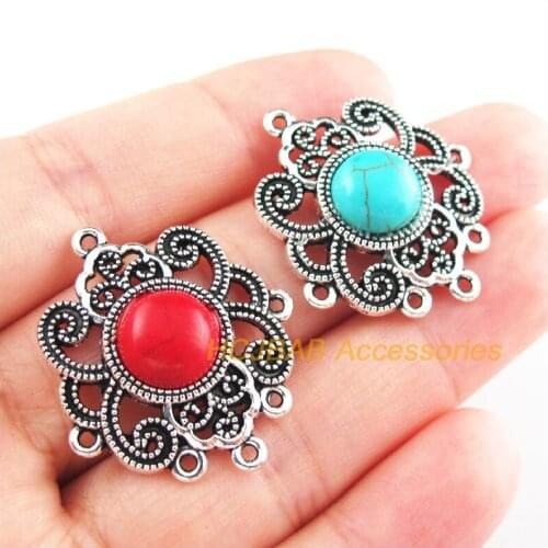 6Pcs Retro Tibetan Silver Tone Flower Round Blue&Red Stone Charms Connectors 28x31.5mm