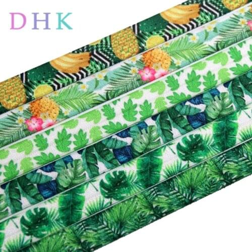 DHK 5/8'' 5yards pineapple tropical leaf printed Fold Elastic FOE stretch ribbon hairbow headwear headband DIY Wholesale C1538
