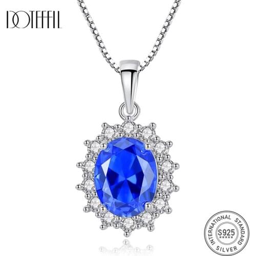 DOTEFFIL Elegant Oval Princess Diana William Sapphire Pendant Necklace for Women 100% 925 Solid Silver Charms Necklace Jewelry