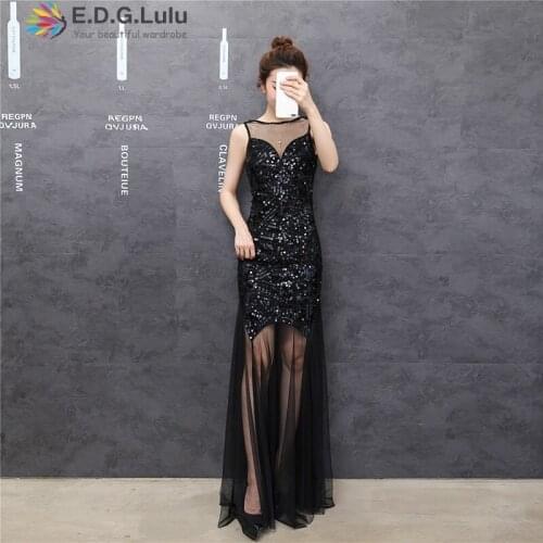 EDGLulu black sequin dress elegant long dresssexy party birthday outfits for womenfall 2018 autumn fashion mesh dress