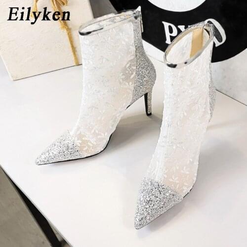 Eilyken Fashion Design Embroider Mesh Party Wedding Ankle Boots For Girls Sequined Cloth Pointed Toe Woman Sexy High Heels Shoes