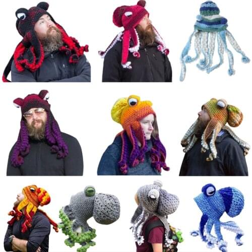 Halloween Hand Weave Knitted Beanie Hat Funny Gradient Cartoon Octopus Tentacle Eyes Skull Cap Cosplay Party Headgear