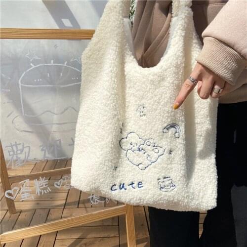 Girls Canvas Book Bag Women Cute Plush Tote Shoulder Bag Lamb Like Fabric Embroidery Handbags Large Capacity Soft Shopping Bags