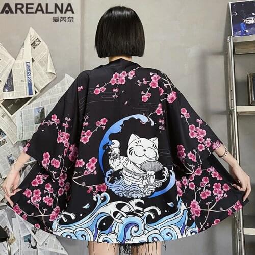 Womens Kimono Cardigan Japanese Style Lucky Cat Geisha Haori Anime Clothes Black Shirt Sasuke Cosplay Kimono Man Yukata Homme