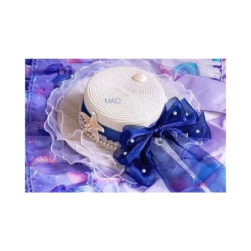 Mori Girl Handmade Lolita Shell purple Straw Hat Tea Party Cosplay Lace Large Brimmed Vintage Sunshade Flat-Top Cap Accessories