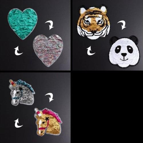 Animal Unicorn Panda Tiger Reversible Change Sequins Sew On Expression Patches for clothes T Shirt Embroidered Patch Applique