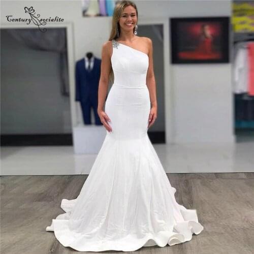 One Shoulder Wedding Dresses Mermaid Bridal Dress Beaded Simple Satin Boho Bride Gowns Vestido De Noiva Plus Size