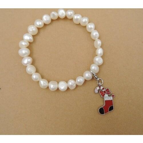 Christmas bracelet made of 100% nature freshwater pearl -charm made of ZINC ALLOY