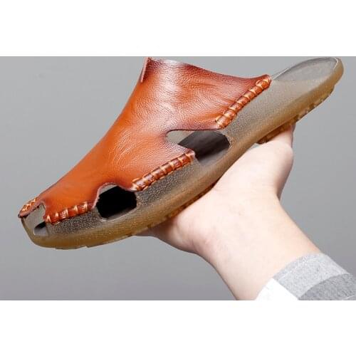 Men Slippers 2021 Fashion Leather Cowhide Slides Men Black Soft Comfortable House Slippers Outdoor Beach Shoes Anti-Slip Sandals