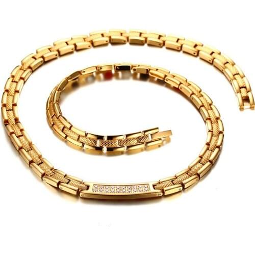 Rhinestone Paved Gold Stainless Steel Magnet Germanium Hologram Health Bling Chain link Necklace for Men Hip Hop Rock Jewelry