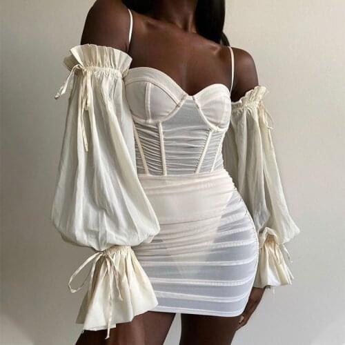 Tinastyle Lantern Sleeve Mesh Sexy Summer Dress Women Off Shoulder See Through Backless Mini Party Dresses Ladies Club Vestidos
