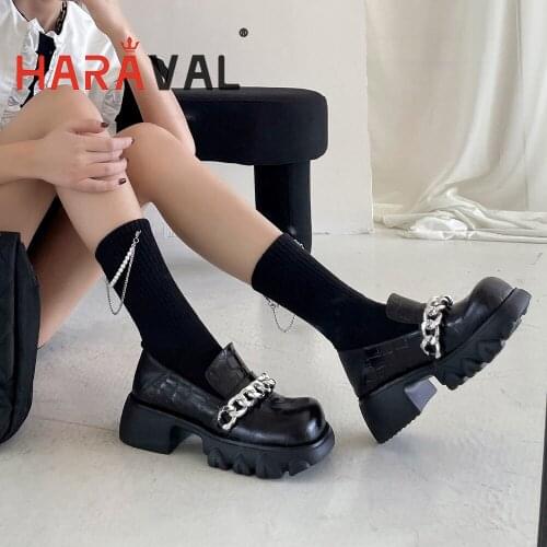 HARAVAL Women Pumps Shoes Thick Bottom Square Toe Black Classics Casual Elegant Fashion Shoes Women Footwear Metal DecoratiA335