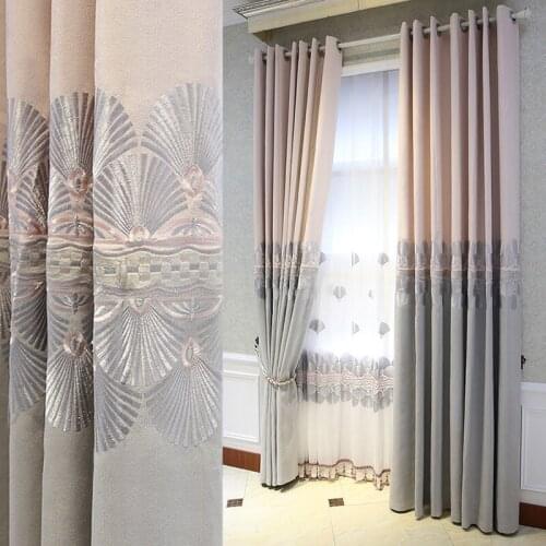 High grade atmosphere warm embroidery cotton hemp splicing grey powder European modern curtain living room bedroom shading