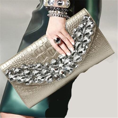 Women Leather Evening Clutch Bags Rhinestone Flashing Day Clutches Purse Crystal Chain Bags Bridal Wedding Party