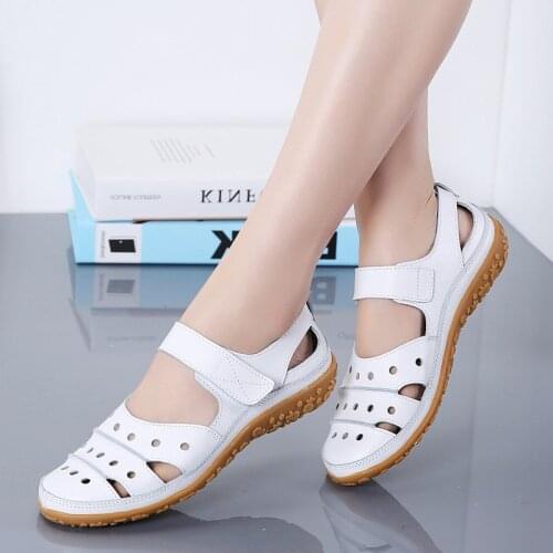 2021 Summer New Female Sandals Large Size 42 Hollow Hole Shoes Leather Mother Shoes Female Breathable Nurse White Shoes