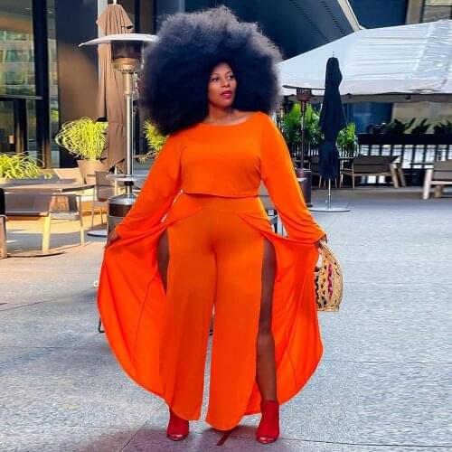 XL-5XL Plus Size Neon Orange Women Two Piece Pant Suit Long Sleeve Crop Tops and High Split Wide Leg Trouser Oversize Outfits