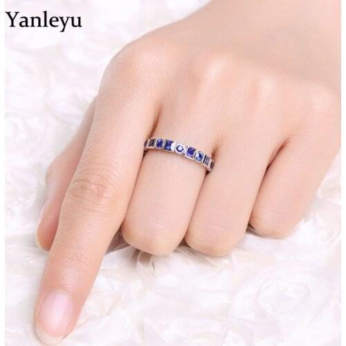 Yanleyu Adjustable Size Finger Ring 100% 925 Sterling Silver Wedding Rings for Women Blue Zircon Crystal Fine Jewelry PR396