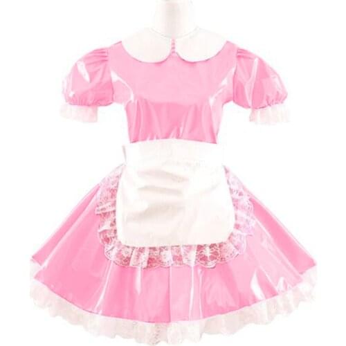 Women Summer Latex Sissy Dress Short Sleeve Cosplay Costume Lady Patent Leather Dress Cute French Maid Mini Club Dress Plus Size