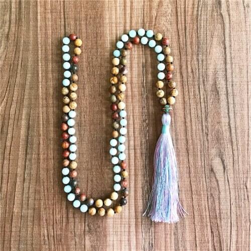 108 Amazonite Mala Necklace Hand Knotted Tassel Necklace Meditation Prayer Jewelry Sweater Decorative Long Necklaces