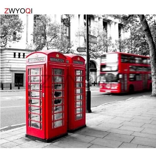 Full Round Diamond mosaic busFull Square Diamond embroidery Cross stitch telephone booth bus Street view 5D DIY Diamond painting