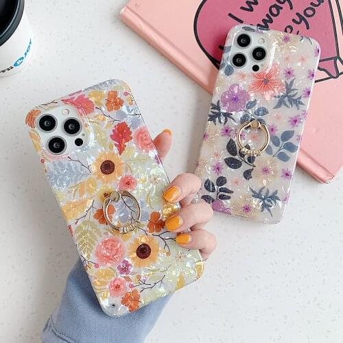 Retro Flower Ring Holder Phone Case For Samsung A52 A72 S21 S20 Ultra S20 FE A32 A51 A71 A50 A70 Soft IMD Shell Texture Cover