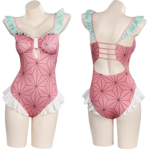 Demon Slayer Cosplay Kimetsu no Yaiba Kamado Nezuko Cosplay One Piece Ruffled Push Up Swimwear Suit