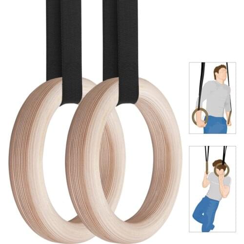 Wood Gymnastic Rings Set 28mm/32mm Gym Rings 4.5M Adjustable Long Strap for Home Gym Fitness Body Strength Muscular Training Set