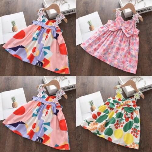 Kids Clothes 2021 New Summer Toddler Girls Suspenders Printed Large Bow Princess Dress Kids Baby Clothes Outfits